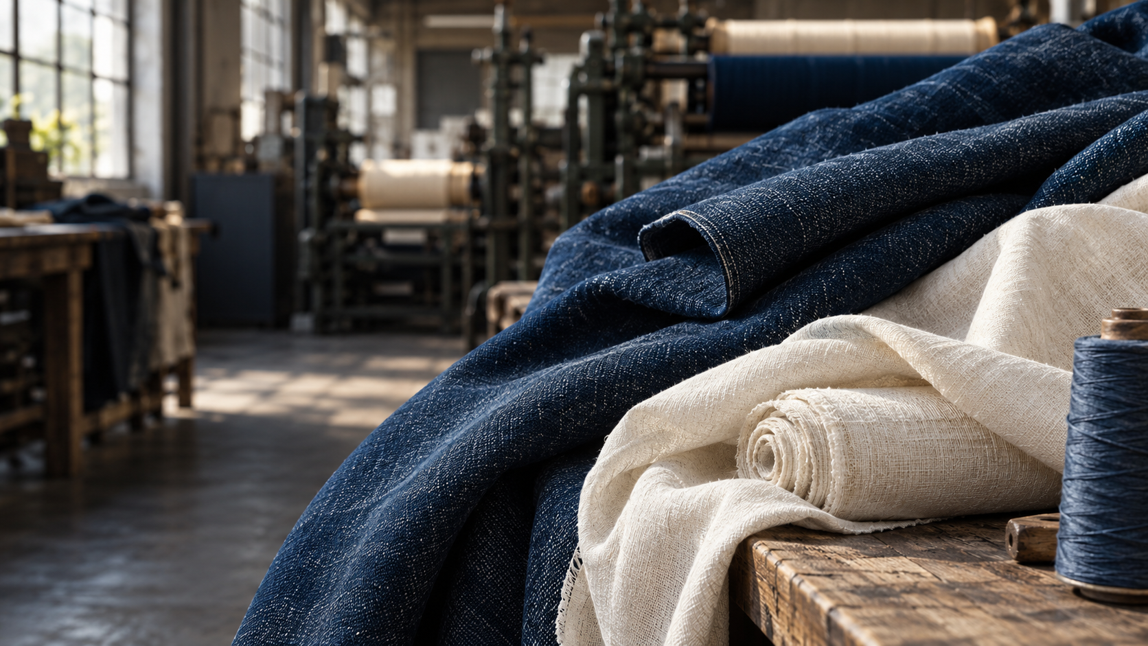 Indigo denim and natural cotton fabrics in a textile workshop